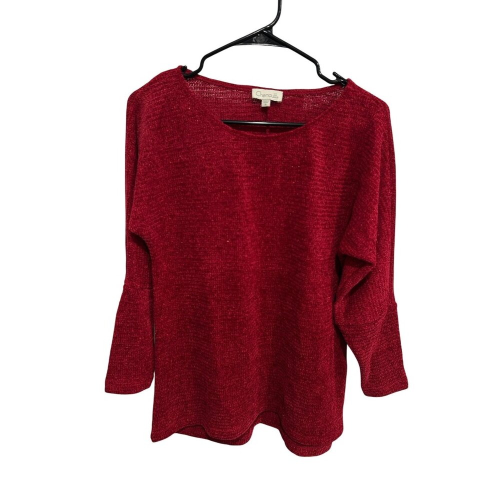 Chenault Red Shimmer Knit 3/4 Sleeve Scoop Neck Sweater Size M Minimalist Retro